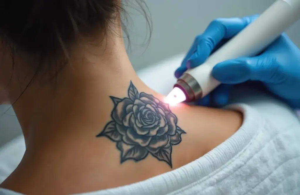 PAtient Receiving Laser tattoo removal treatment at aesthetic center in Bismarck, ND